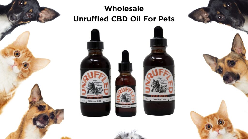 Diverse group of dogs and cats gathered around Unruffled CBD oil bottles, with bold letters reading "Wholesale CBD oil for pets.