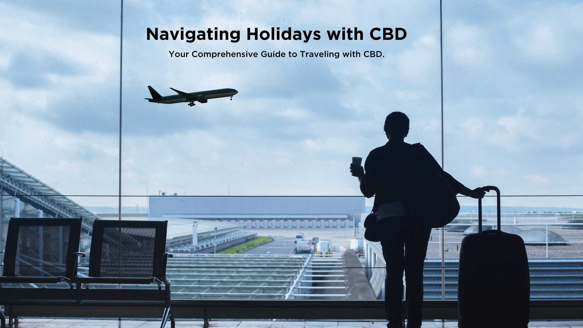 An airplane in flight with overlay text reading "Navigating Holidays with CBD," representing the ease of traveling with CBD during the holiday season.