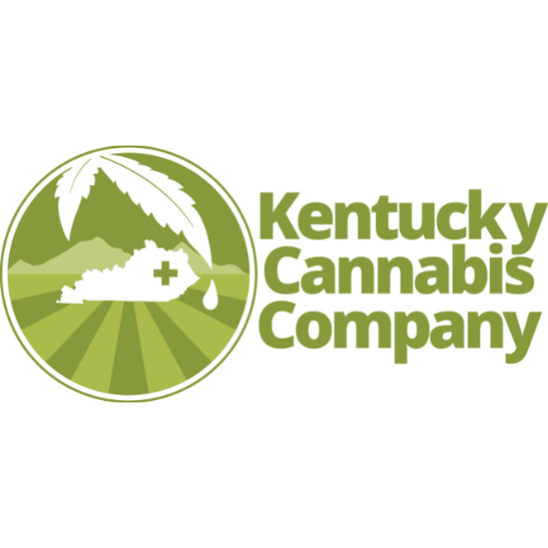Kentucky Cannabis Company logo with a circular depiction of the world in the backdrop, showcasing light and dark green crop lines, a silhouette of Kentucky mountains, a cannabis leaf with a drop representing oil, and the state outline of Kentucky with a medical cross at the center." Kentucky cannabis company is the first CBD producer in Kentucky