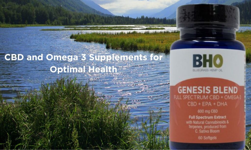 A Alaskan river with a bottle of Genesis Blend CBD and Omega-3 softgel capsules