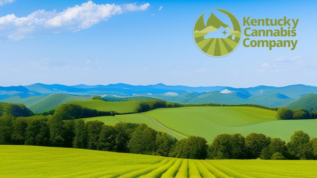 Illustration of Kentucky Cannabis Company's emblem set against a backdrop of Kentucky's lush hemp fields and rolling mountains.