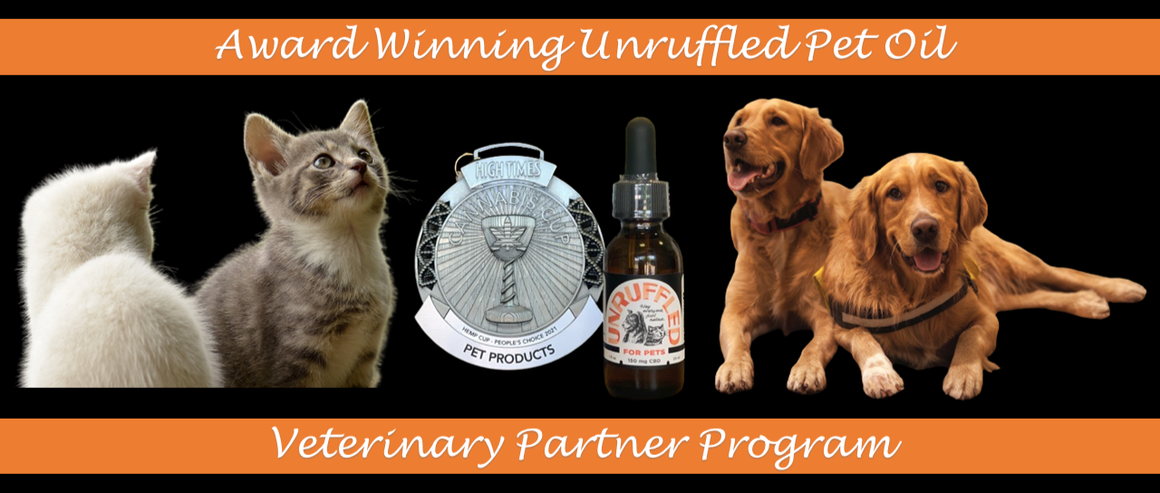 Two kittens and two golden retrievers positioned between three orange stripes, with the HighTimes award and a bottle of Unruffled CBD Oil for pets in the foreground.