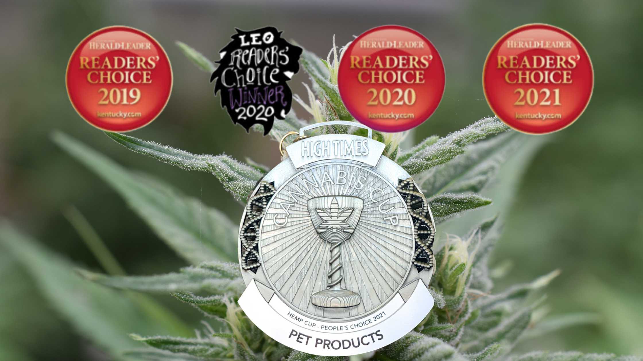A collection of awards showcased, won by Bluegrass Hemp Oil for Kentucky Cannabis Company products.