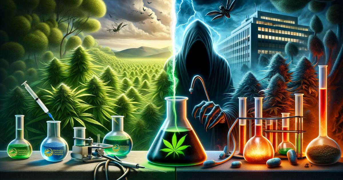 A starkly contrasting illustration with natural cannabis on one side and sinister-looking synthetic cannabinoids on the other, highlighted by dark, glowing liquids and a foreboding shadowy figure.
