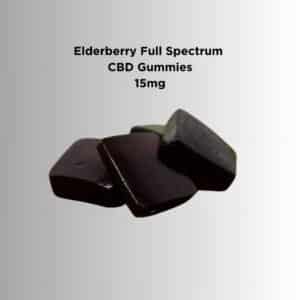 Image of four Elderberry Full Spectrum CBD gummies, each containing 15mg of CBD. The gummies are deep purple in color, resembling the natural hue of elderberries, and have a glossy, sugar-coated exterior. They are placed neatly on a white background, highlighting their vibrant color and plump, bear-shaped form.