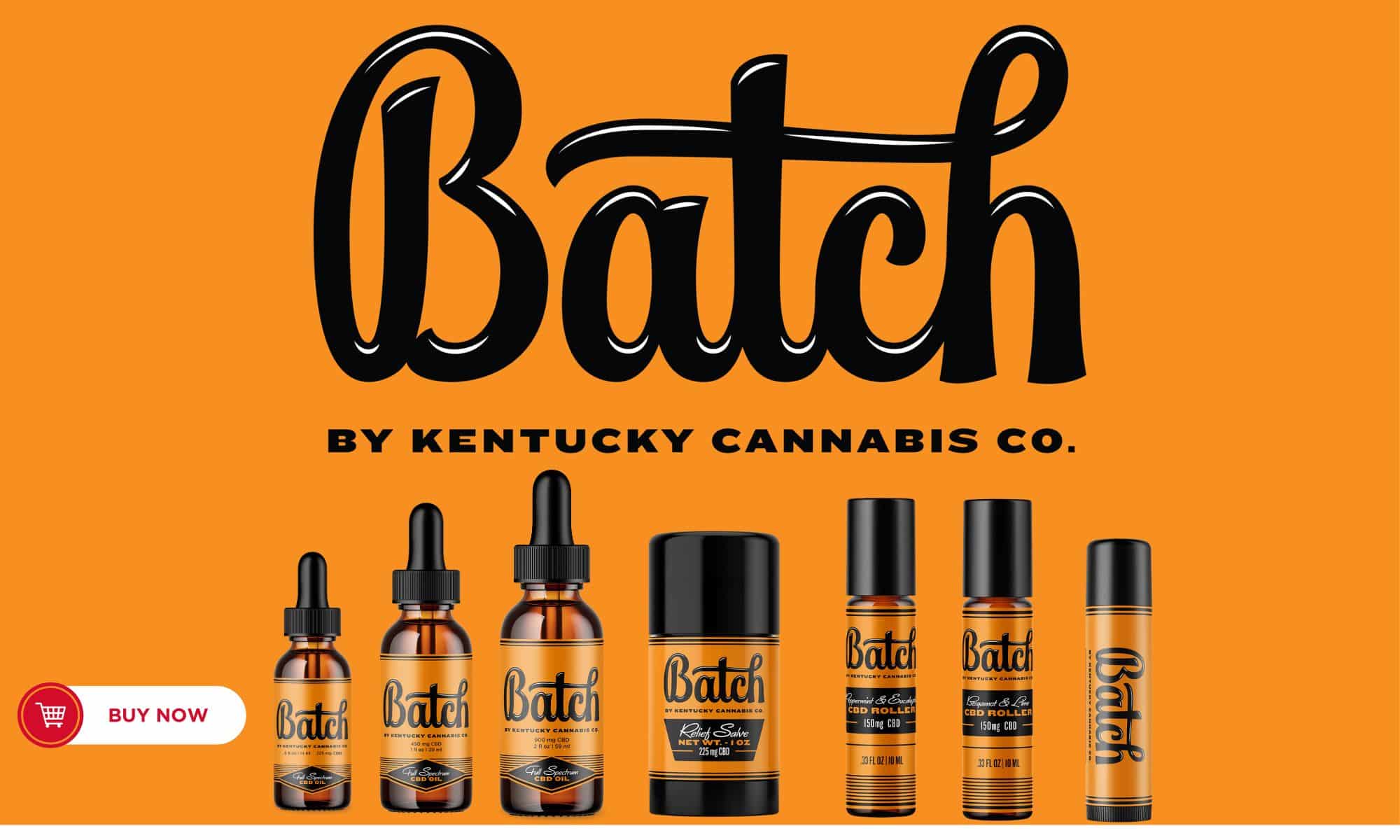 Bach-CBD-Oil logo alongside a display of Batch CBD products including .5, 1, and 2 oz sizes of full spectrum hemp extract, relieving salve, CBD rollers, and CBD lip balm.