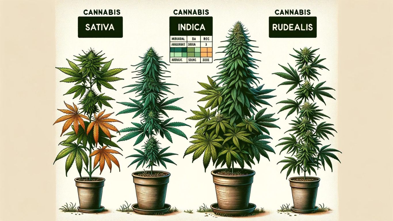"Illustration of Cannabis Sativa, Indica, and Ruderalis plants side by side, each labeled with their respective names.