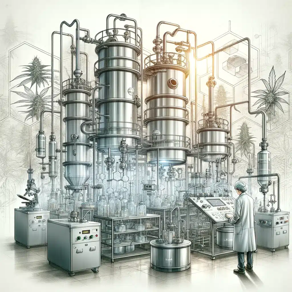 Hydrocarbon extraction process in a laboratory, showing technicians using equipment such as reactors and condensers, with subtle natural motifs in the background.