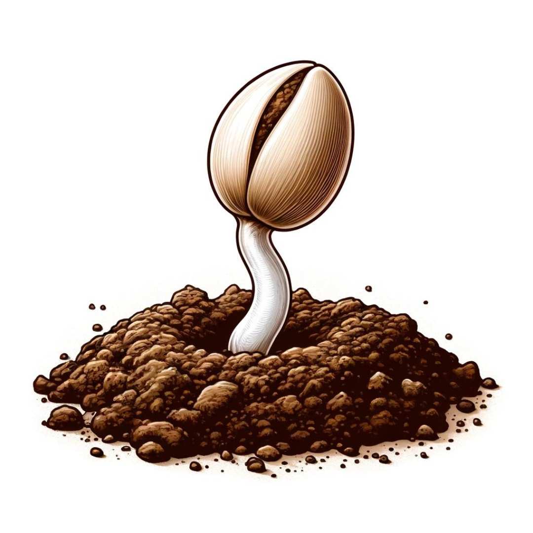 Illustration of a cannabis seed in soil starting to sprout with a focus on the emerging white root.