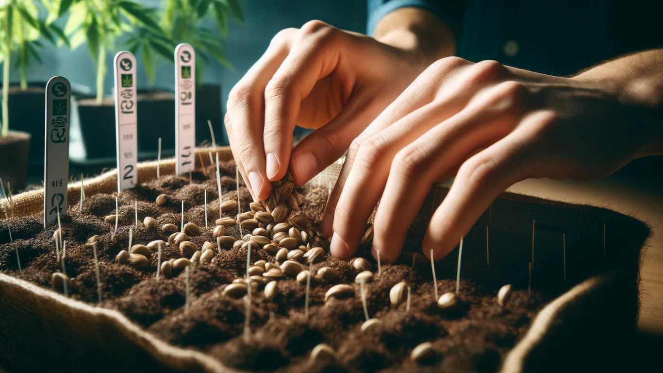 Cannabis seeds being planted in moist soil