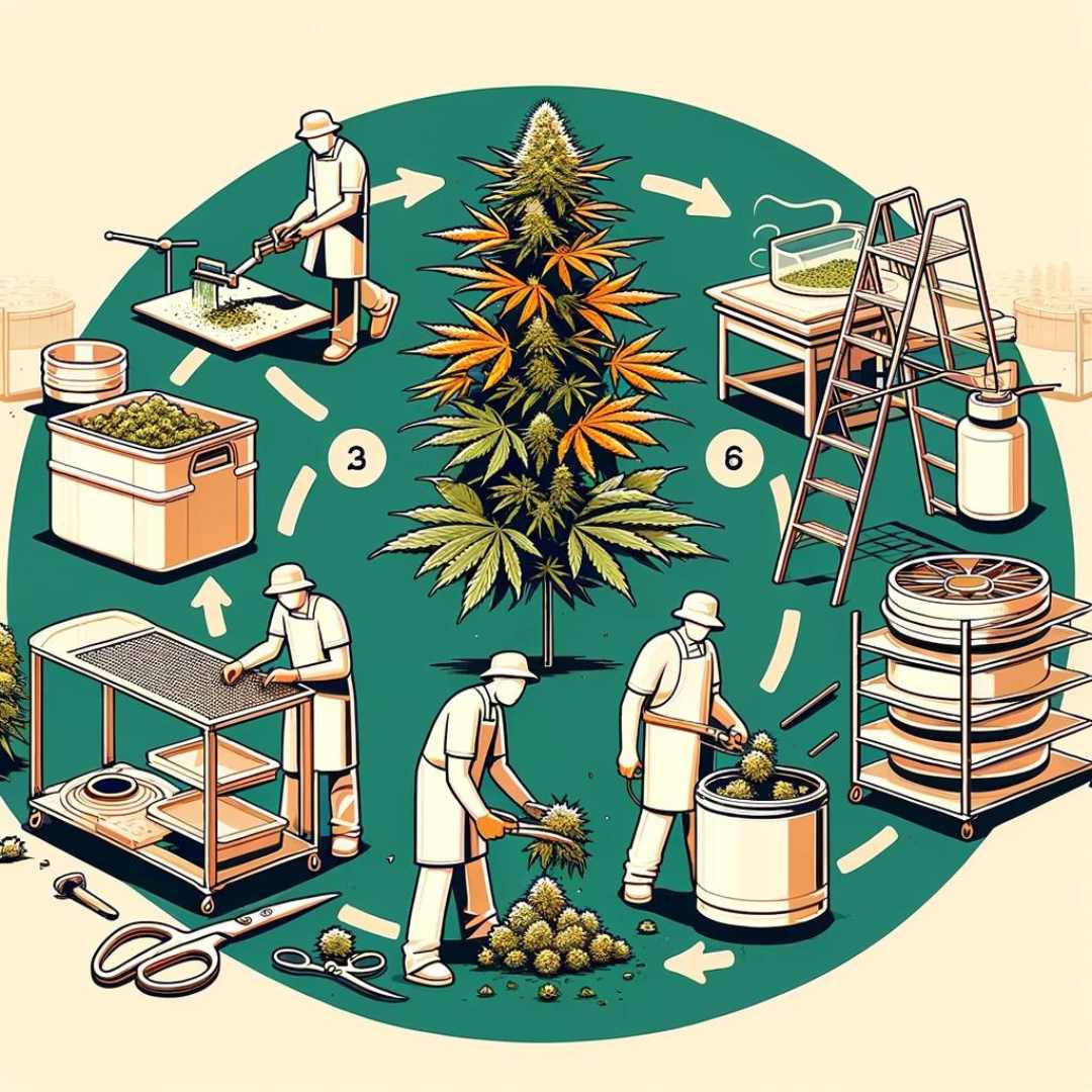 Harvesting process of a cannabis plant including trimming and drying of buds.