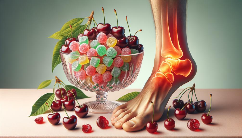 Illustration of a human foot with visible signs of gout inflammation alongside a bowl filled with Tart Cherry CBD Gummies and fresh cherries, indicating natural relief options.