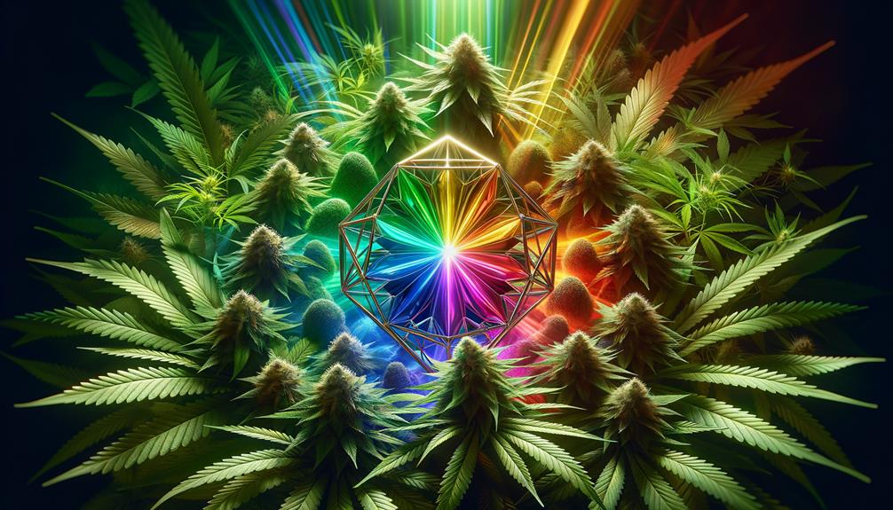 Vibrant cannabis plants with a spectrum of colors representing the diverse cannabinoids and terpenes that contribute to the entourage effect.
