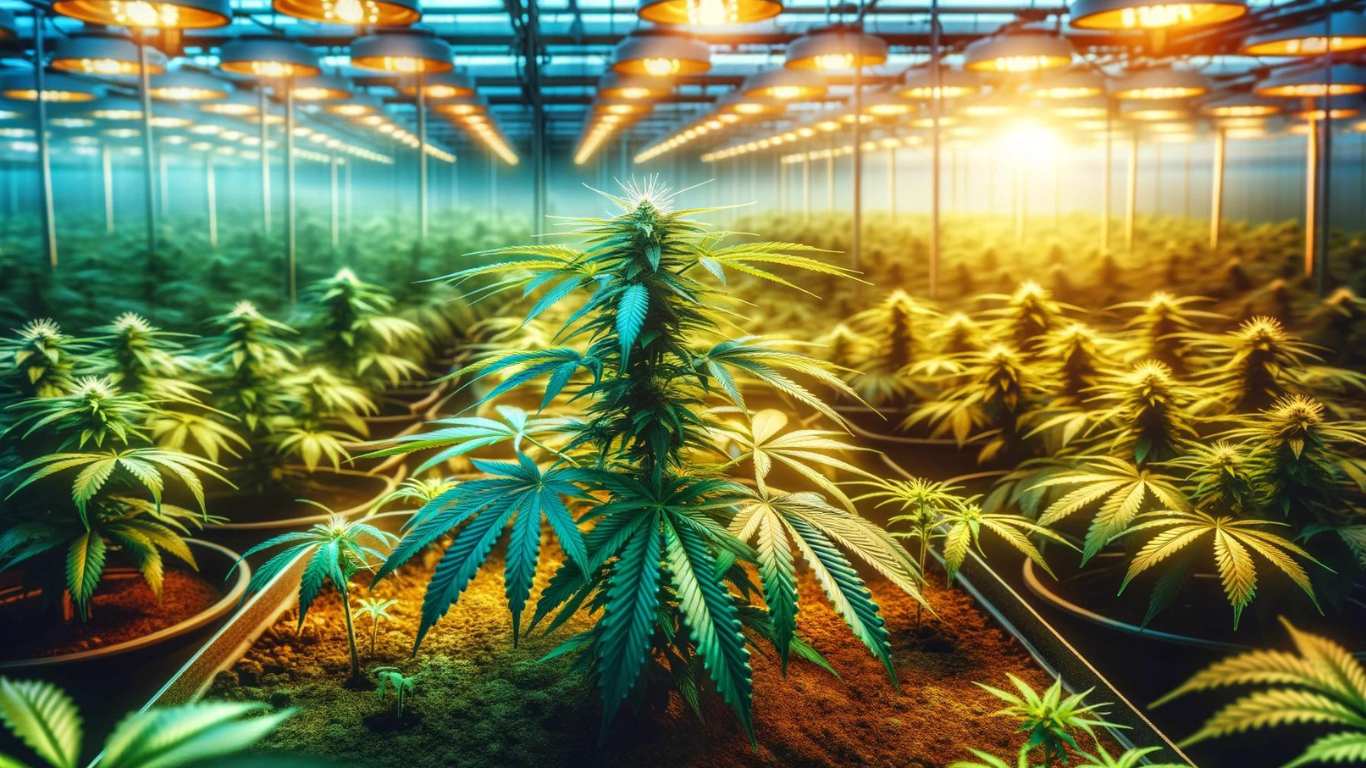 Young cannabis plants in a greenhouse with advanced lighting