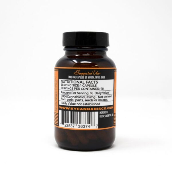 Back view of Batch 15 mg Full Spectrum Capsules by Kentucky Cannabis Company, displaying nutritional facts and total 1350 mg content.