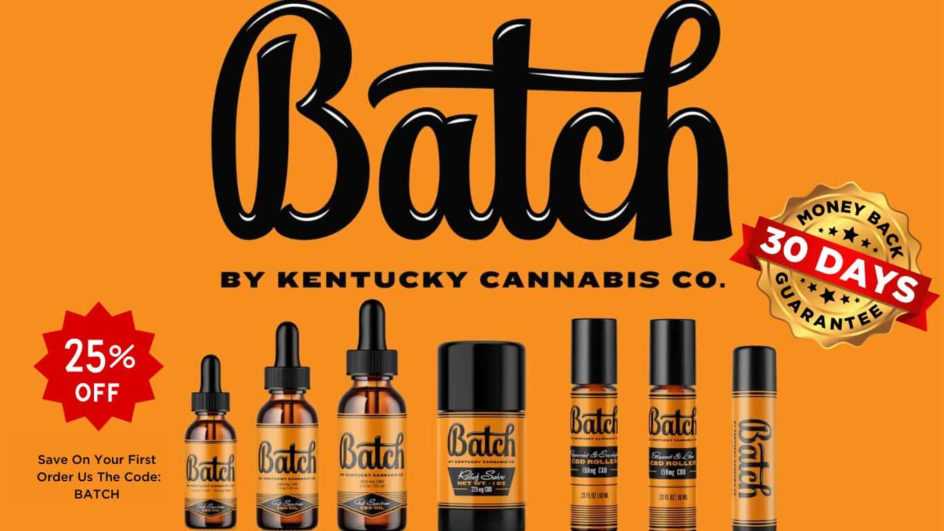 Kentucky Cannabis Company Batch Full Spectrum CBD Oil bottle with dropper on a backdrop of Kentucky hemp fields.