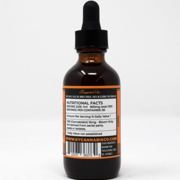 Back view of Batch CBD Oil 2 oz bottle by Kentucky Cannabis Company, displaying nutritional facts for 900 mg of full spectrum CBD extract.