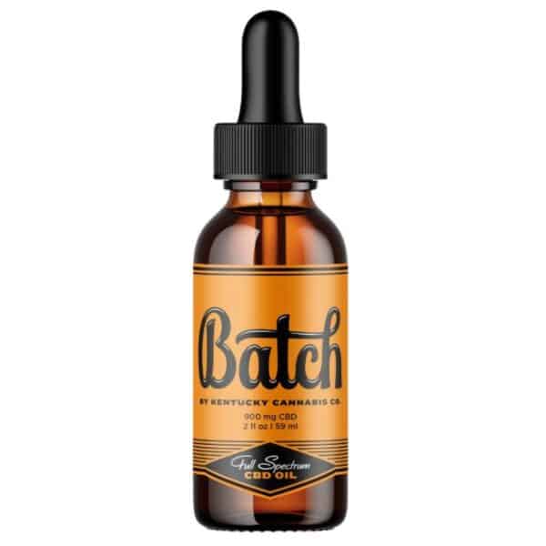 Front label of Batch CBD Oil 2 oz bottle by Kentucky Cannabis Company, containing 900 mg of Kentucky grown full spectrum CBD extract.
