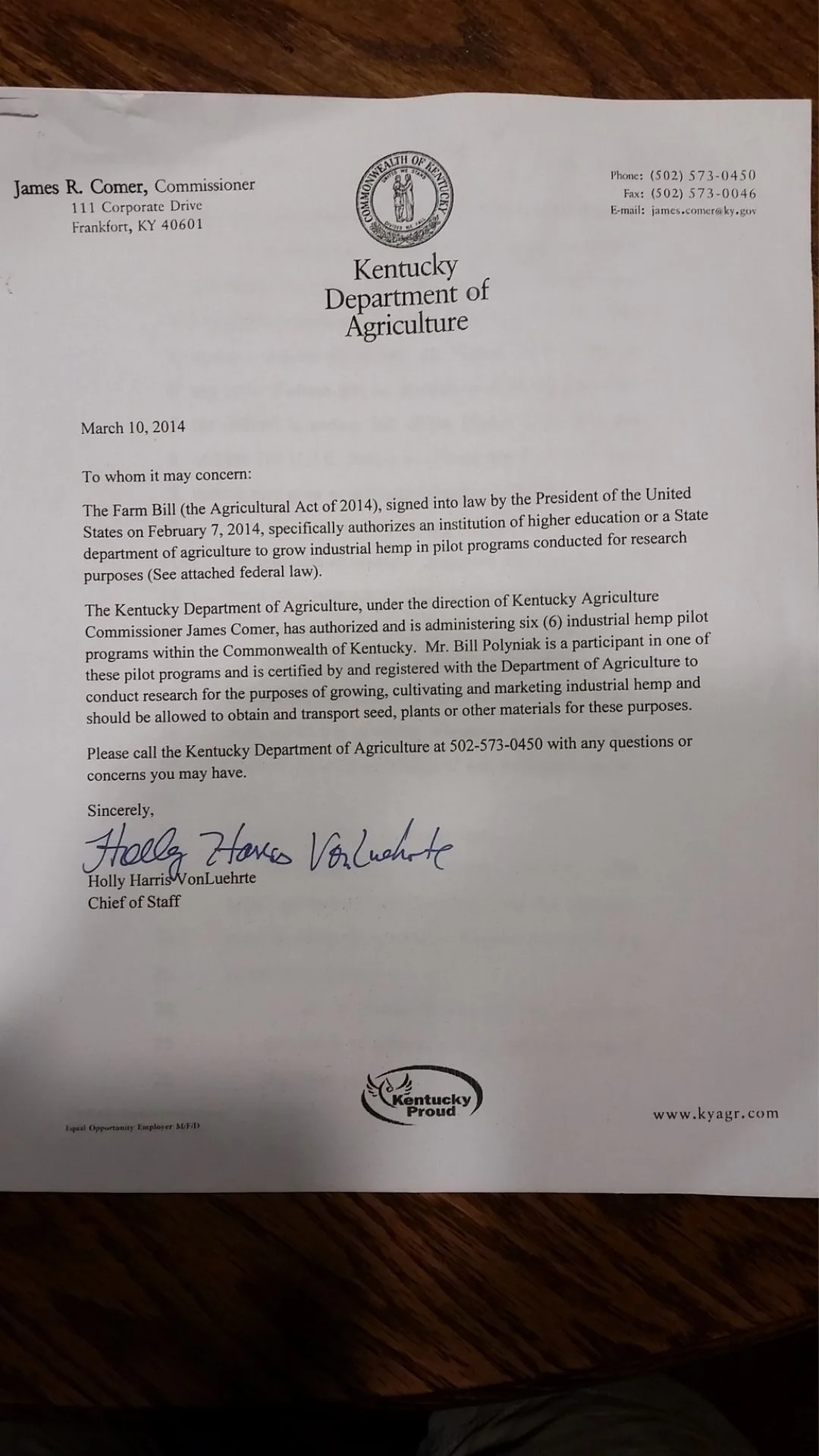 Agreement from the Kentucky Department of Agriculture confirming Bill Polyniak's participation in the 2014 hemp pilot program.