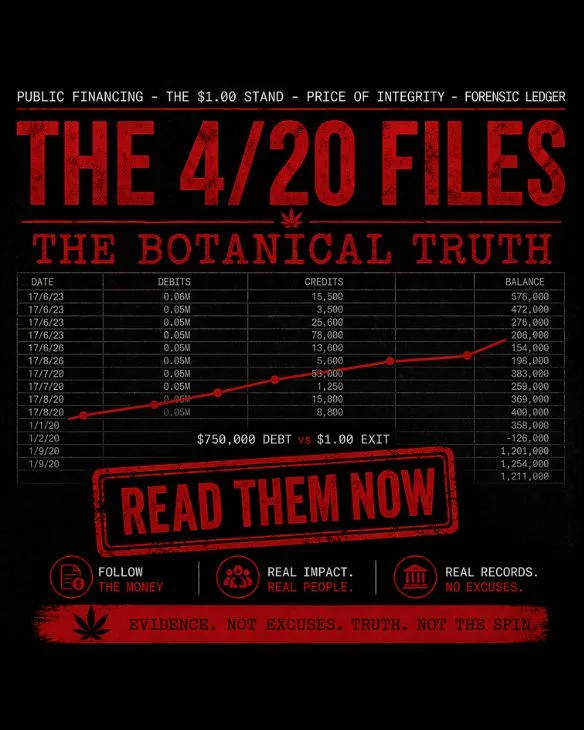 Dark financial ledger representing cannabis industry corruption and the 4/20 Files investigation