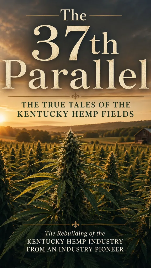 The 37th Parallel Book Cover | Kentucky Hemp Industry History Book cover for The 37th Parallel about the rebuilding of the Kentucky hemp industry, featuring flowering hemp plants in a Kentucky field at sunset.