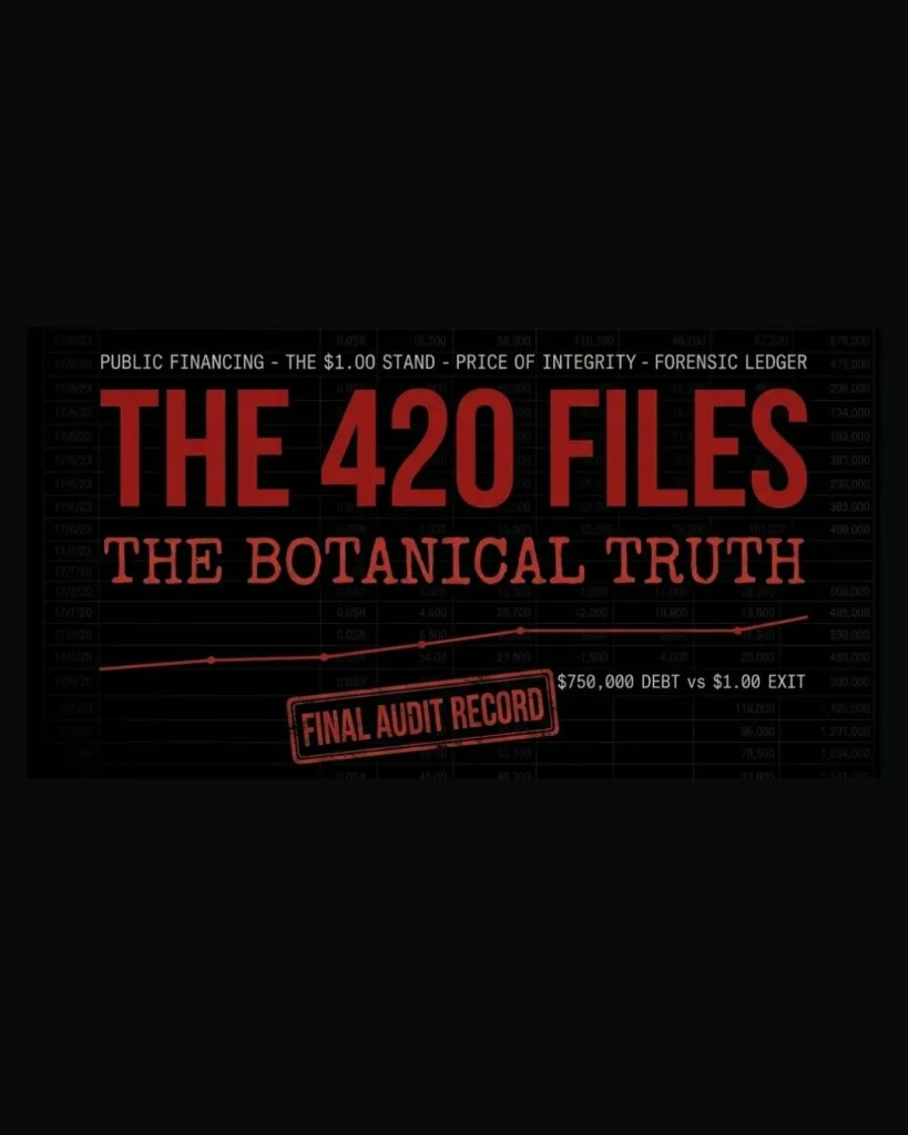 A dark, forensic financial ledger displaying a complex data spreadsheet. The main titles "THE 420 FILES" and "THE BOTANICAL TRUTH" are in red, bold sans-serif and typewriter fonts. A prominent red stamp reads "FINAL AUDIT RECORD". A growth chart shows a data line with annotations comparing '$750,000 DEBT vs $1.00 EXIT'.